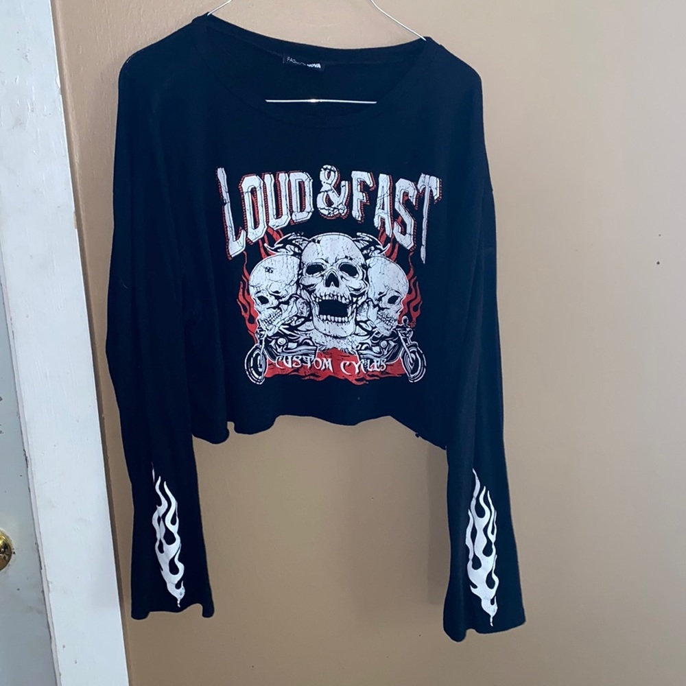 FashionNova Black ‘Loud and Fast Custom Cycles’ Plus Size Long-sleeved Crop Top